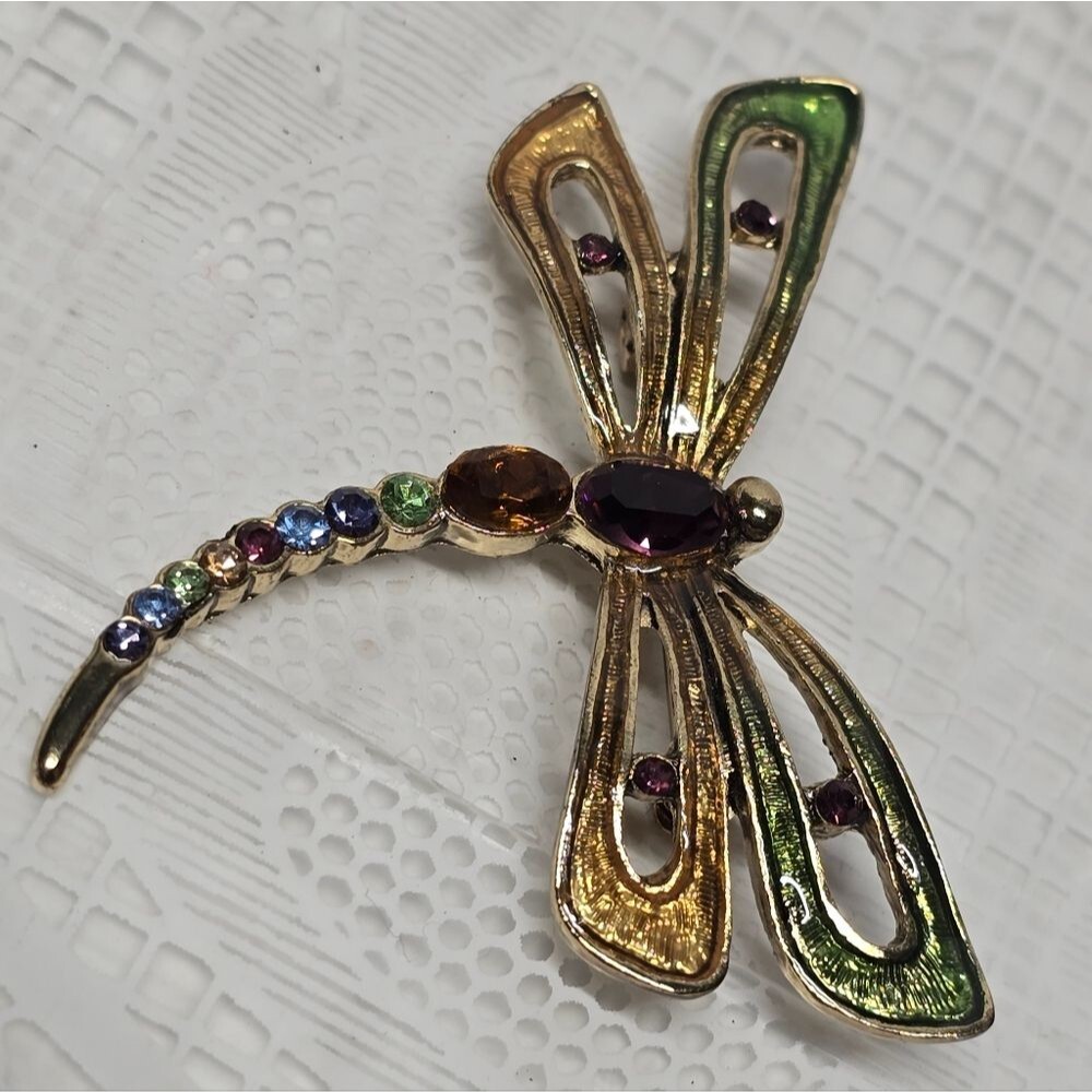 Monet Signed Dragonfly Multicolor Rhinestones Brooch Vintage Boho Summer Spring - Picture 4 of 9